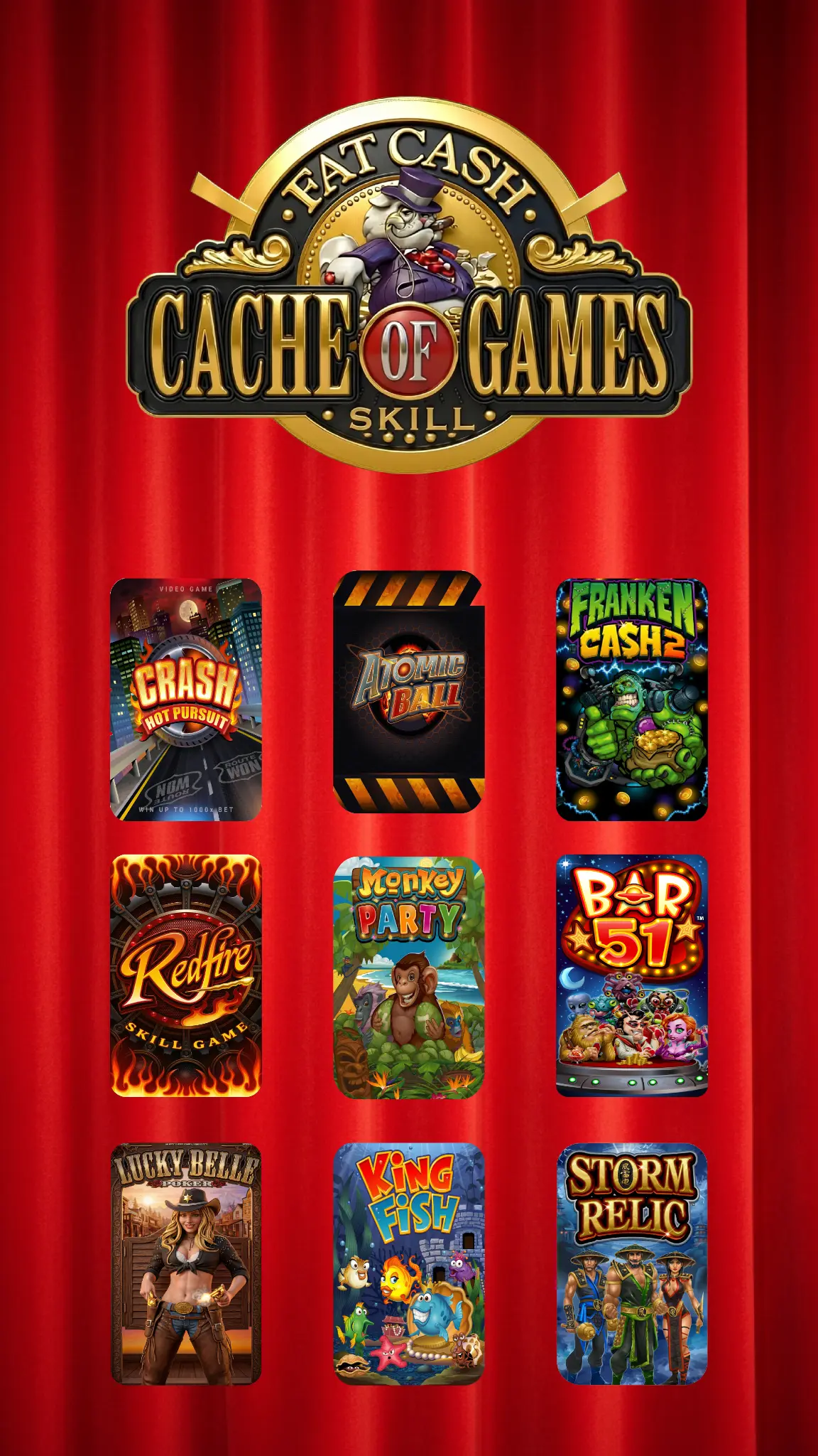 Cache of Games red nine-game multipack terminal screen